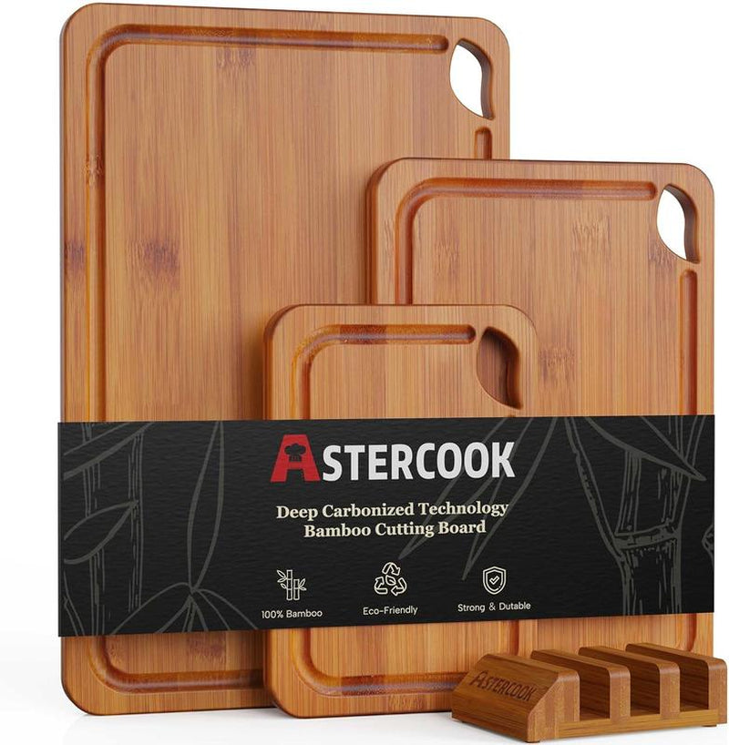 Astercook 4-Piece Bamboo Cutting Board Set with Holder Durable Charcoal Bamboo Cutting Board with Juice Groove Eco-Friendly Strong & Durable for Fruits Vegetables and Meats