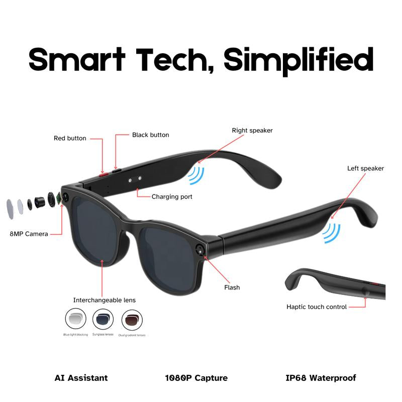 AI Smart Glasses 8MP HD Camera | 1200P Video Recording, AI Voice Control, Bluetooth Wi-Fi, UV400, Blue Light Filter, 4H Playtime, Interchangeable Lens – Magnetic Sync Wearable Design Wireless Multifunctional