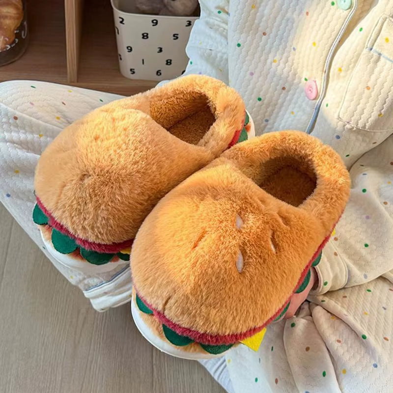 Funny Cartoon Burger Thick Bottom Indoor Slippers Cute Simulated Food Warm Plush Home Slippers Comfort Woman'S plus Size Slides