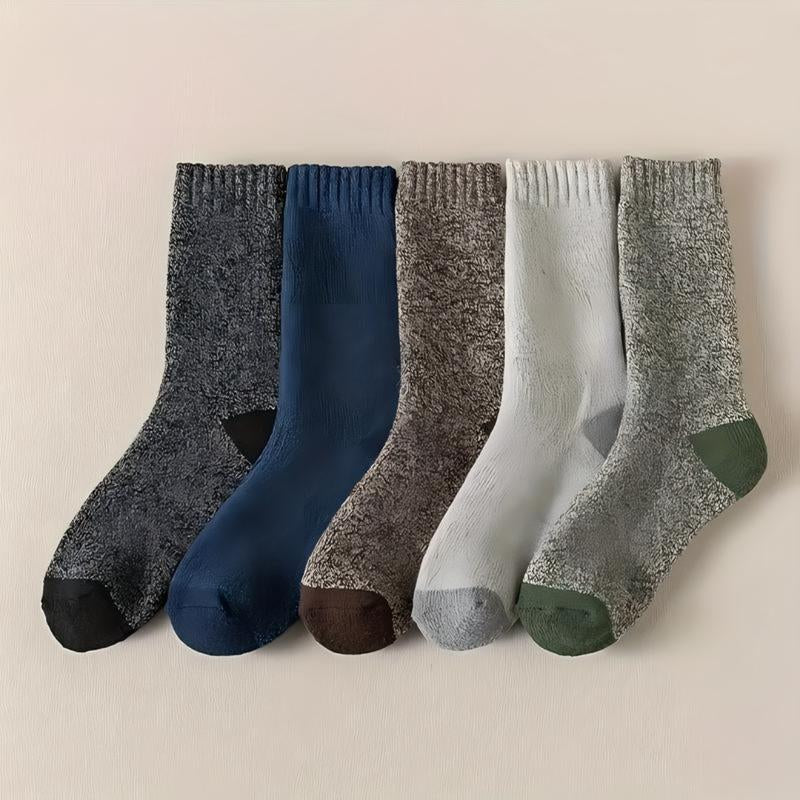 5 Pairs of Men'S Thickened Warm Winter Socks - Soft and Comfortable Knitted round Socks for Cold Weather, Polyester and Elastic Blended
