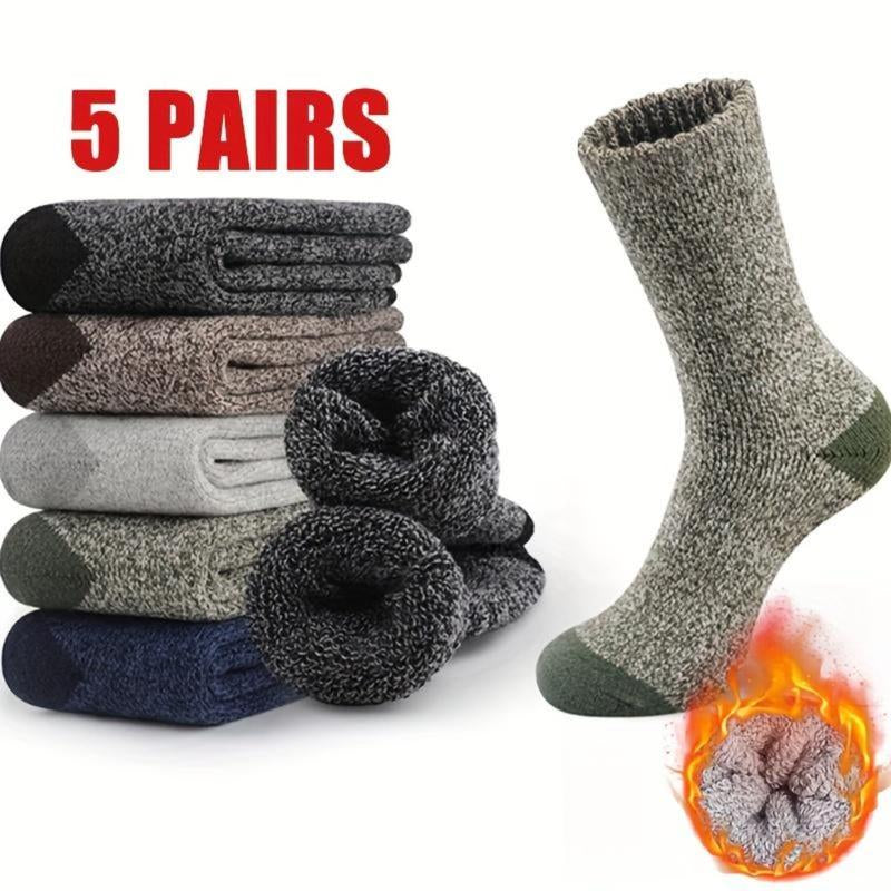 5 Pairs of Men'S Thickened Warm Winter Socks - Soft and Comfortable Knitted round Socks for Cold Weather, Polyester and Elastic Blended