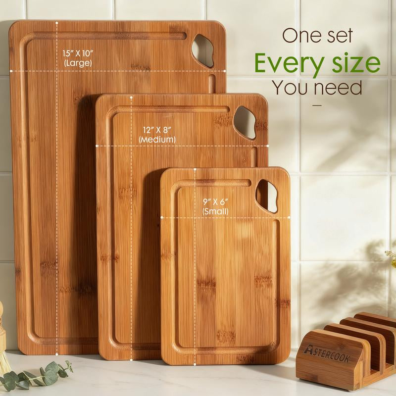 Astercook 4-Piece Bamboo Cutting Board Set with Holder Durable Charcoal Bamboo Cutting Board with Juice Groove Eco-Friendly Strong & Durable for Fruits Vegetables and Meats