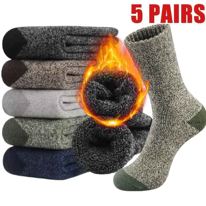 5 Pairs of Men'S Thickened Warm Winter Socks - Soft and Comfortable Knitted round Socks for Cold Weather, Polyester and Elastic Blended