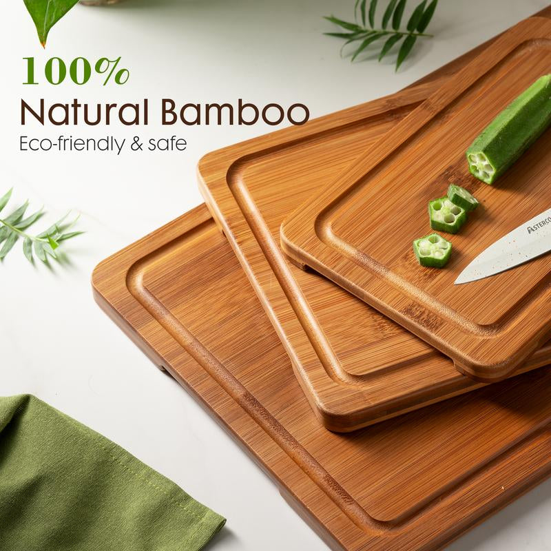 Astercook 4-Piece Bamboo Cutting Board Set with Holder Durable Charcoal Bamboo Cutting Board with Juice Groove Eco-Friendly Strong & Durable for Fruits Vegetables and Meats