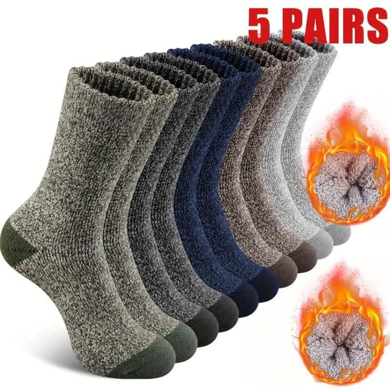 5 Pairs of Men'S Thickened Warm Winter Socks - Soft and Comfortable Knitted round Socks for Cold Weather, Polyester and Elastic Blended