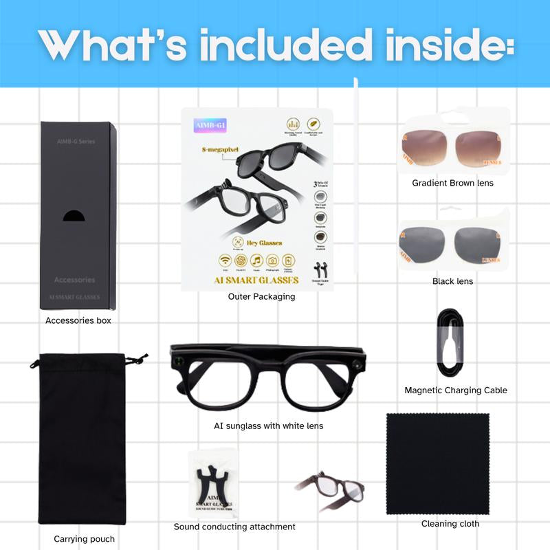 AI Smart Glasses 8MP HD Camera | 1200P Video Recording, AI Voice Control, Bluetooth Wi-Fi, UV400, Blue Light Filter, 4H Playtime, Interchangeable Lens – Magnetic Sync Wearable Design Wireless Multifunctional