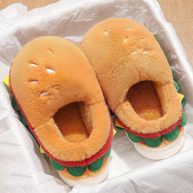 Funny Cartoon Burger Thick Bottom Indoor Slippers Cute Simulated Food Warm Plush Home Slippers Comfort Woman'S plus Size Slides