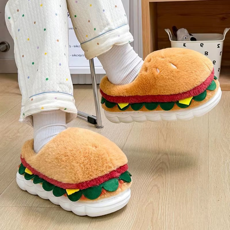 Funny Cartoon Burger Thick Bottom Indoor Slippers Cute Simulated Food Warm Plush Home Slippers Comfort Woman'S plus Size Slides