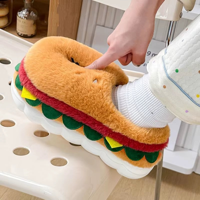 Funny Cartoon Burger Thick Bottom Indoor Slippers Cute Simulated Food Warm Plush Home Slippers Comfort Woman'S plus Size Slides